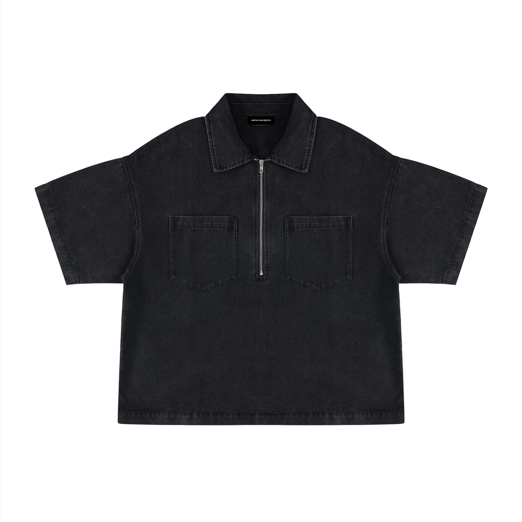 Unisex Vintage Wash Boxy Quarter-Zip Denim Shirt